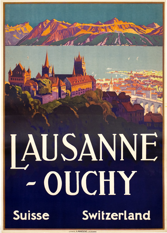 View of cathedral, town below, lake, mountains; purple, blue, red, brown