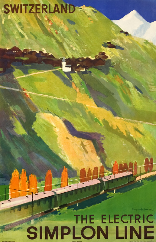Abstract rendering of train cutting through Swiss landscape, fields, mountains; blue, green, yellow