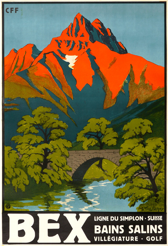 Stunning view of sun-basked mountain, bridge, river, trees in foreground; orange, blue, green
