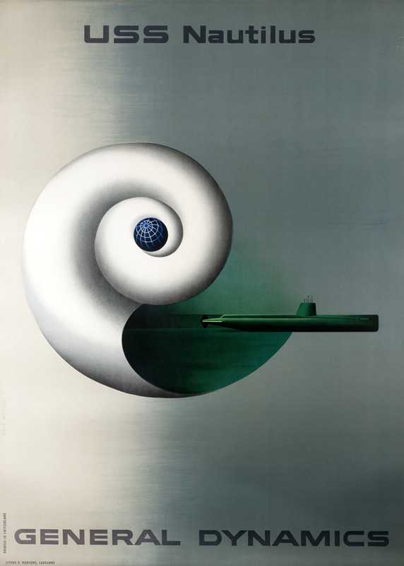 Nautilus shell and submarine; gray, white, green