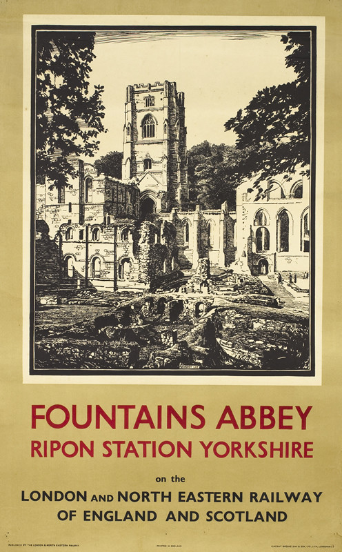 Woodcut design of Fountains Abbey in ruins; black, white, brown