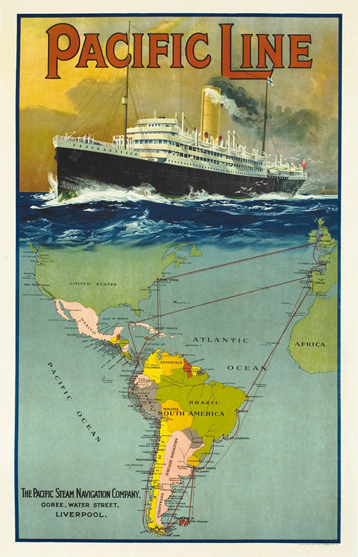 Ocean liner above map of South America; blue, yellow, green
