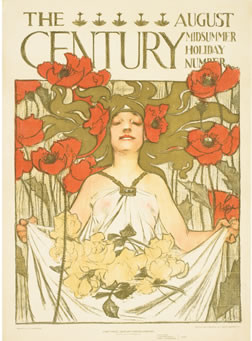 Golden haired woman with poppies; orange, gold, yellow