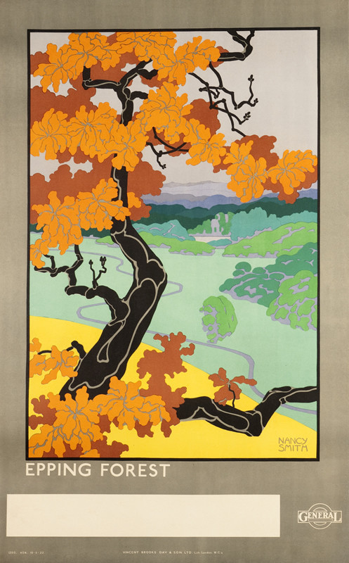 Beautiful view of tree in foreground in autumn colors, fields, forest, stream beyond; orange, brown, green, blue