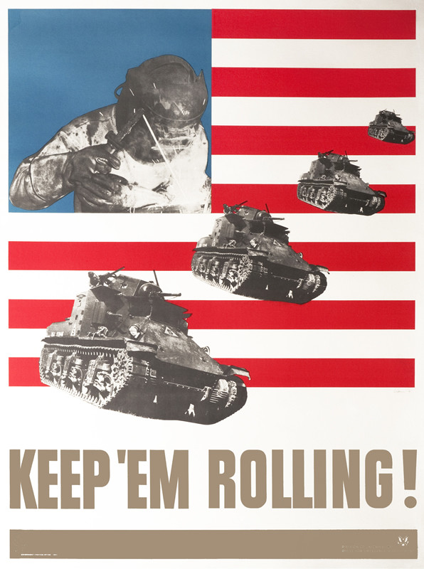 Welder above, tanks below in US flag design; red, white, blue