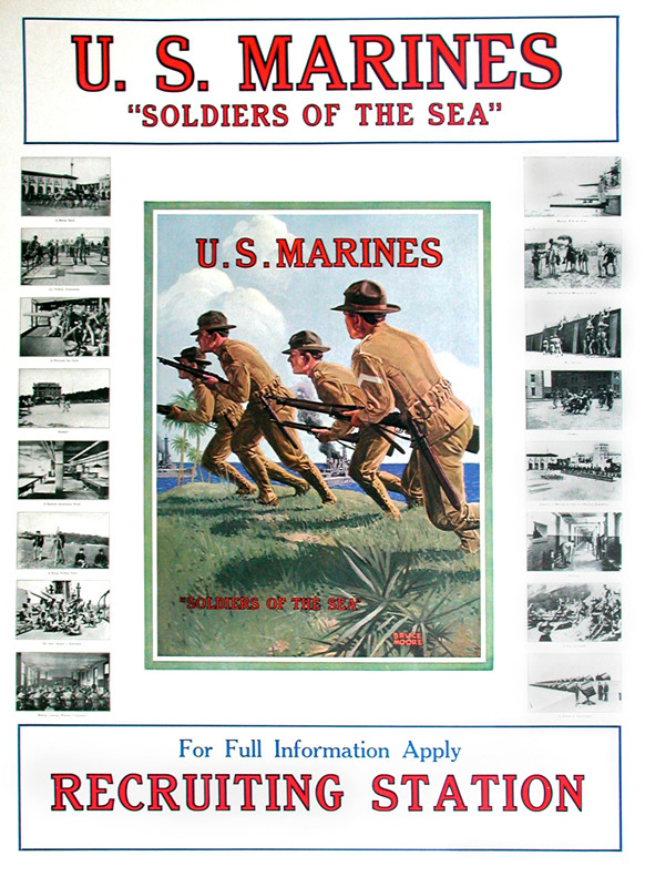 four infantry men with guns charge forward, photographs on sides