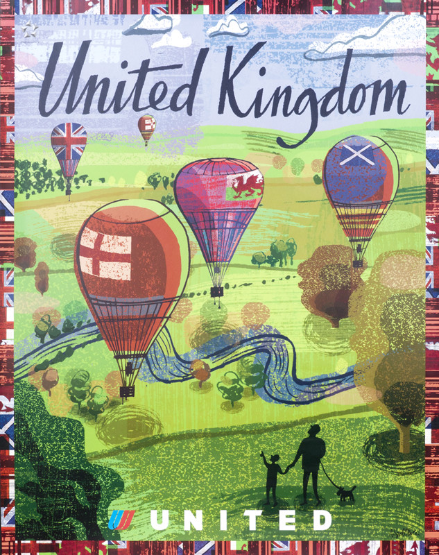 hot air balloons above rolling landscape; green, red, purple