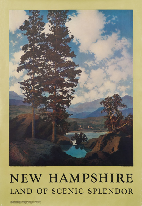 View of lake and mountains; yellow, green, blue
