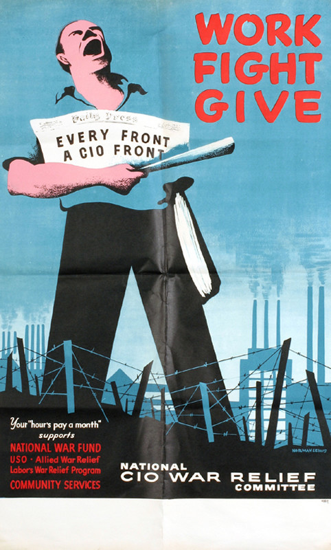 Man with newspaper shouts from behind barbed wire; blue, black