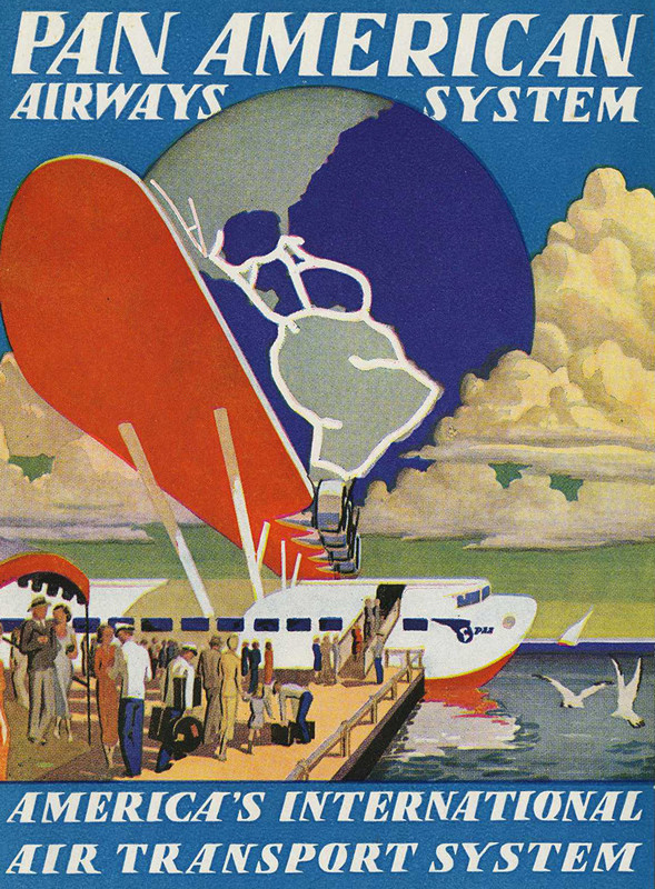 Globe, seaplane clipper ship, people waiting on dock to load; blue, red, gray, white