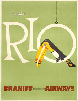 Toucan sits on letter 'O' of Rio, jet flies above; green, yellow, black