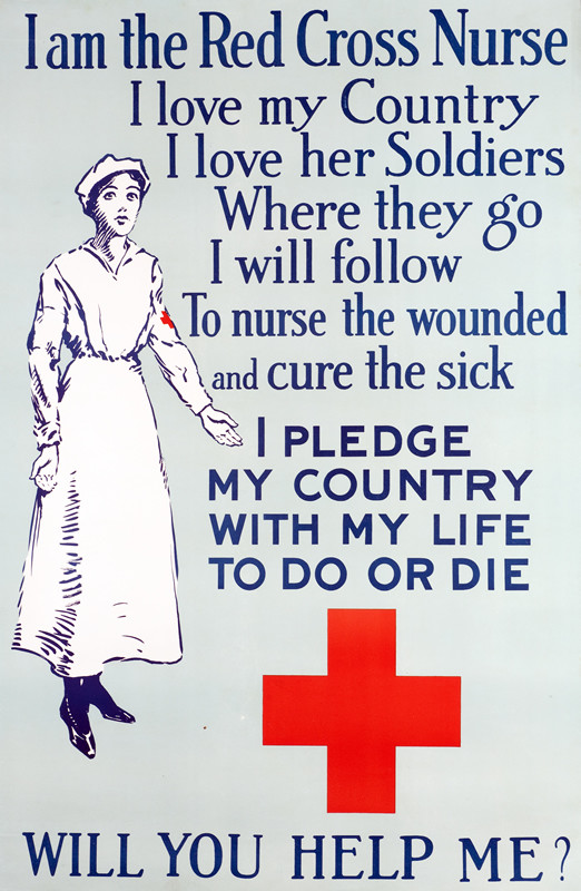 Image of nurse in uniform; blue, red, white