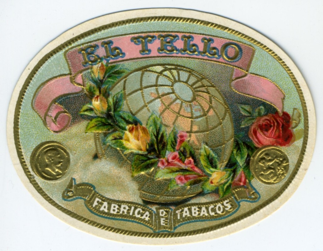 Oval label with image of globe with flowers around it; blue, pink, gold