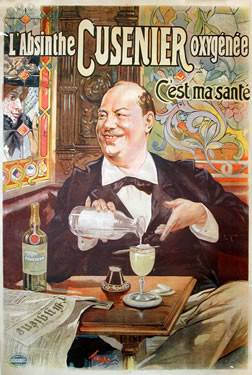 Bartender pous absinthe over sugar as veiled woman looks on  through window; brown, black, pink