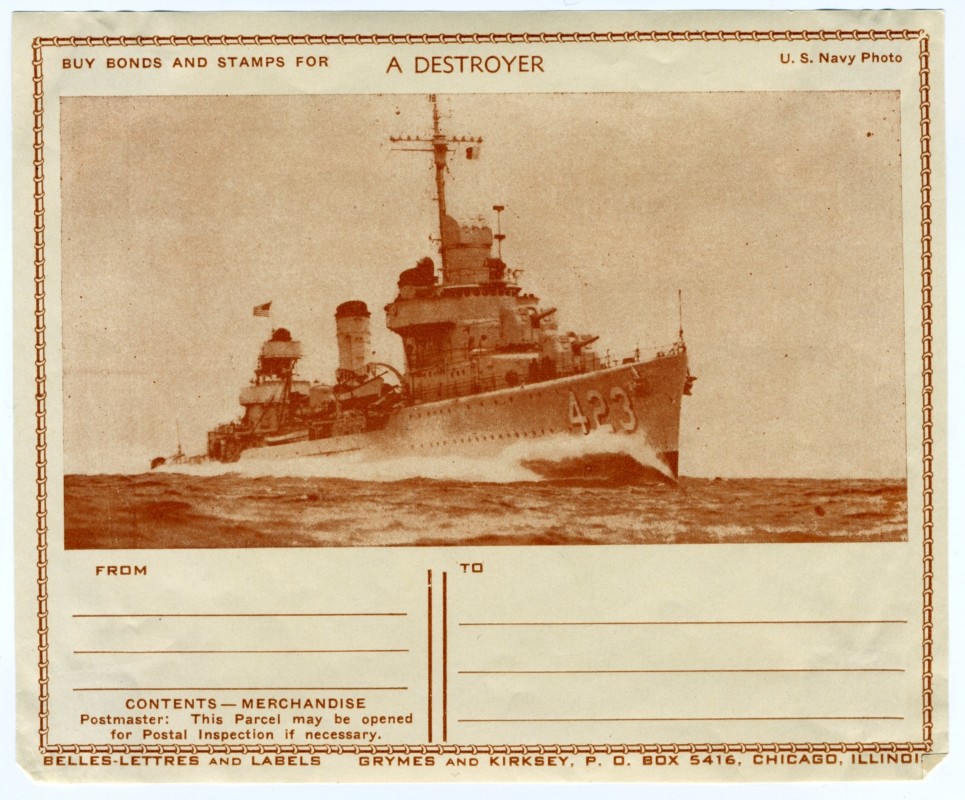 U.S. navy photo of the USS Gleaves 423 during WWII, buy bonds and stamps