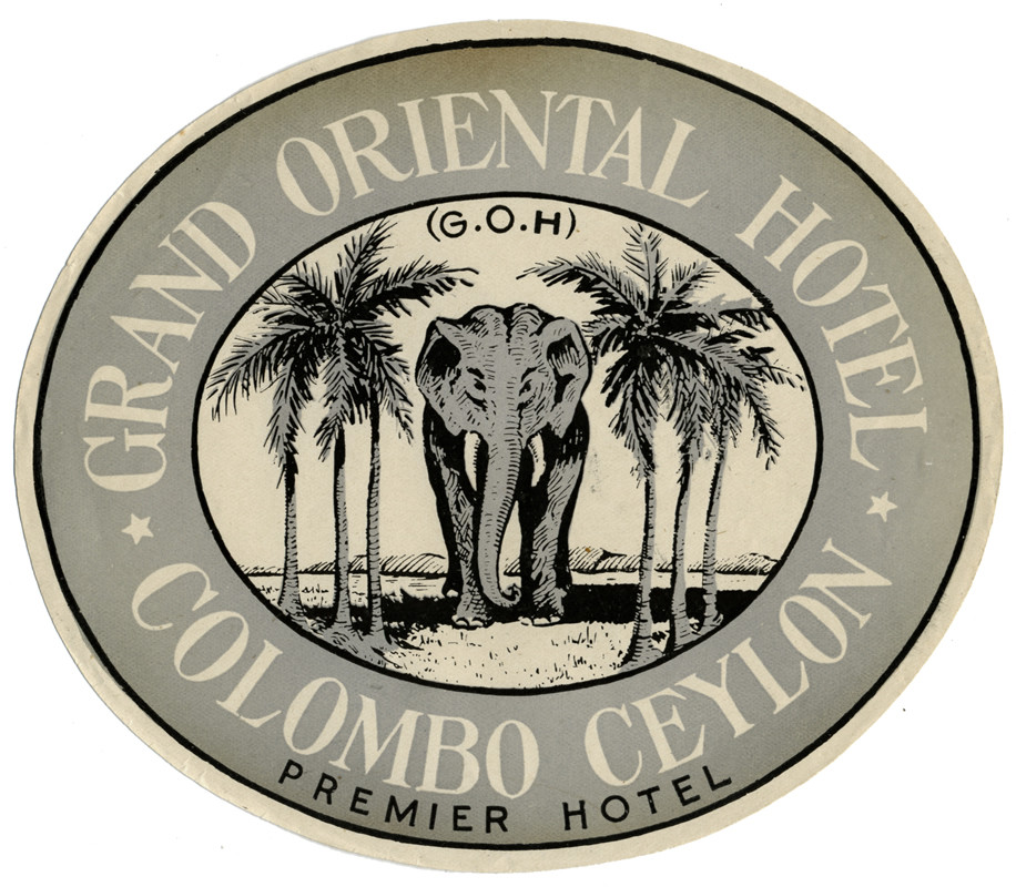 Elephant between palm trees; gray, white