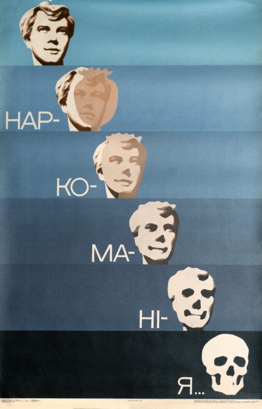 head turning into skull; blue, white, black, grey