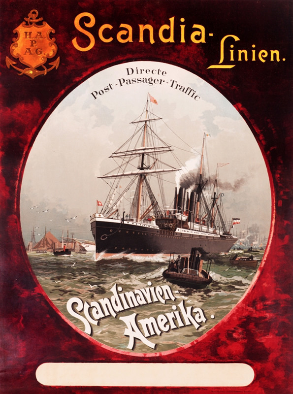 Sail and coal powered ocean liner in busy port inside lozenge with red backgroud; red, yellow, green