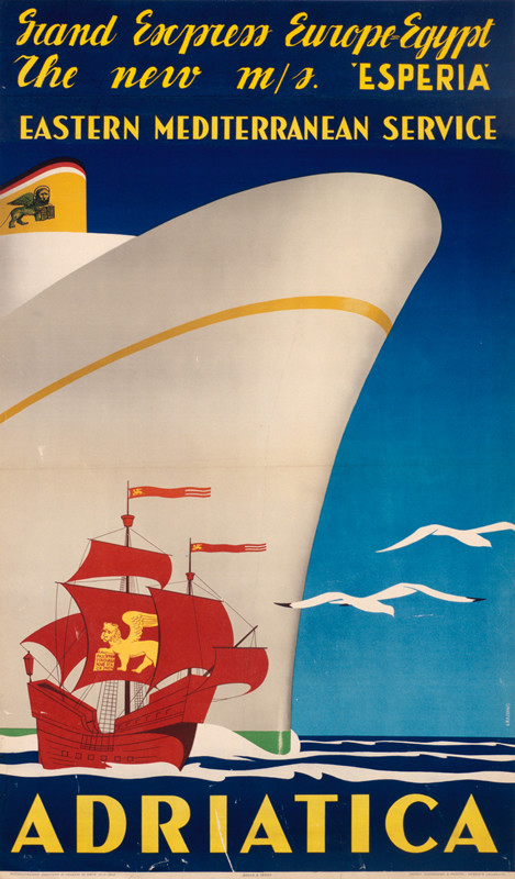 Ocean Liner Esperia towers above Columbus galleon; red, yellow, blue