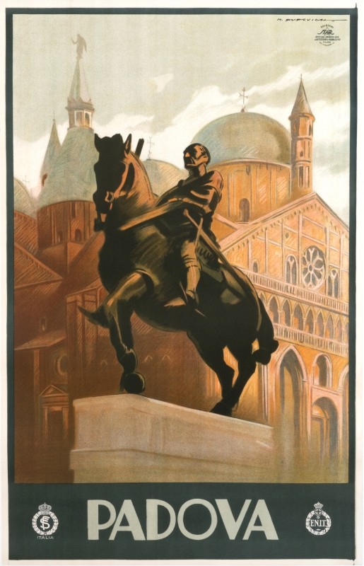 View of Donatello's Gattamelata statue in front of the Basilica di sant'Antonio in the Piazza del Santo in Padua; brown, black, green
