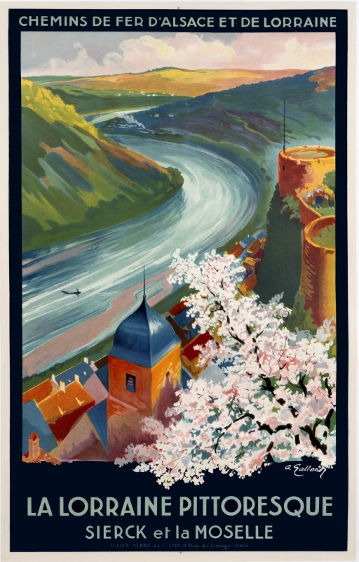 Castle, flowering trees and river; blue, green, pink, pastel