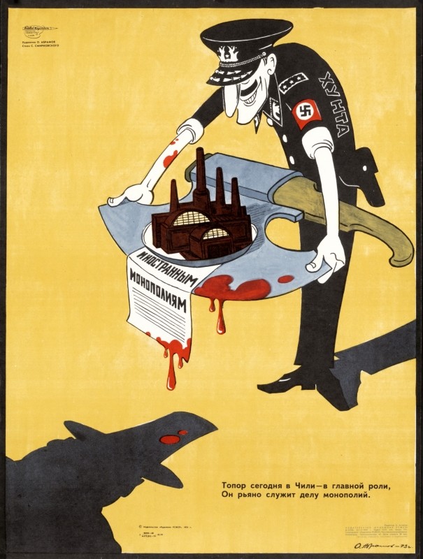Chilean general with a swastika offering a miniature factory on a giant ax; yellow, brown, black, red