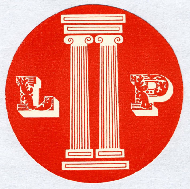 Ionic columns separate the letters "L" and "P"; black, red, white