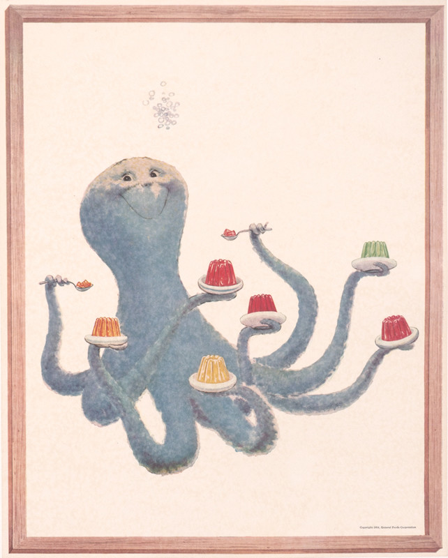 Octopus enjoys jello on all tentacles; red, blue, green