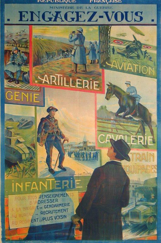 Man looks at military posters on wall; green, blue, yellow