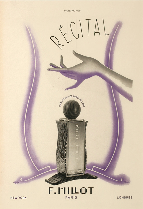 Hand plucks strings, perfume bottle below; purple