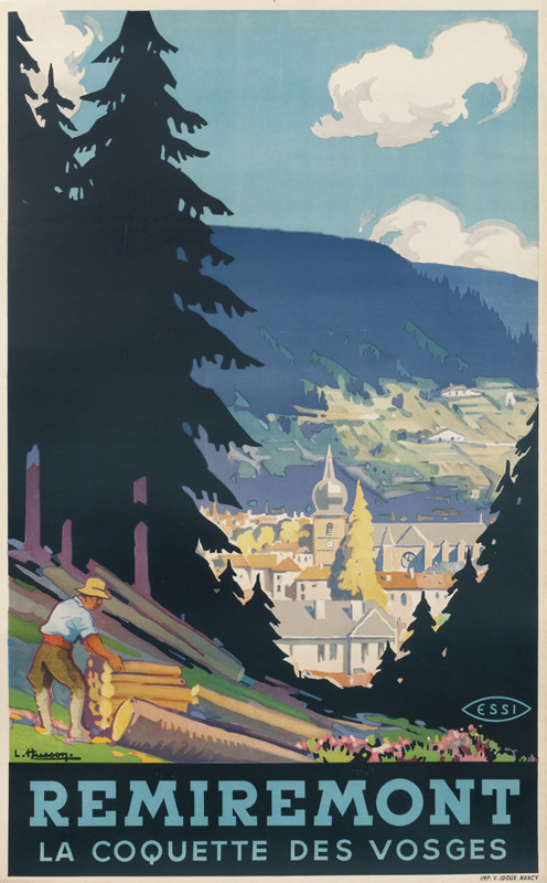 Woodcutter with view of town in valley below; blue, green, orange