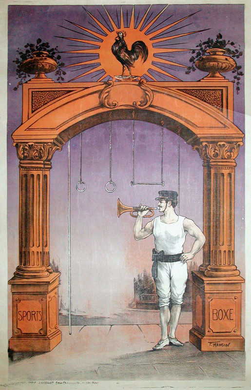 Gymnast with trumpet stands beneath arch fitted with parallel rings, trapeze bar; orange, purple