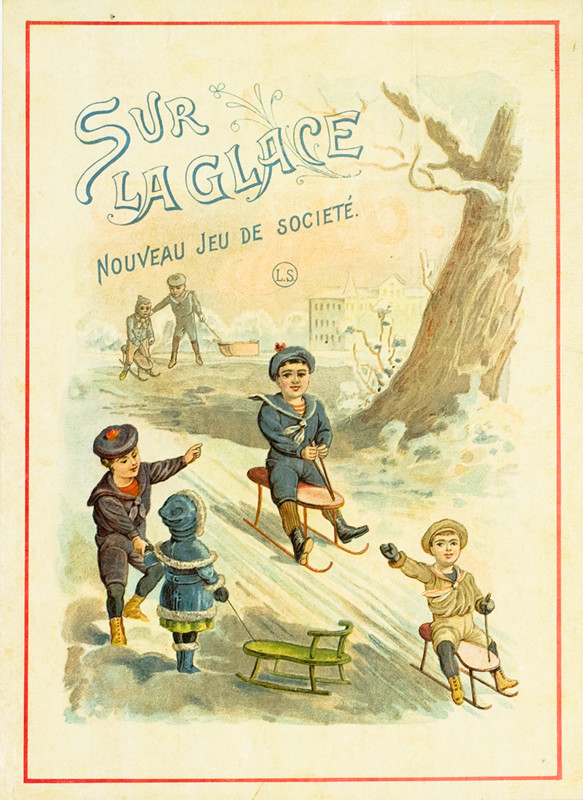 Children sled and play in snow; blue