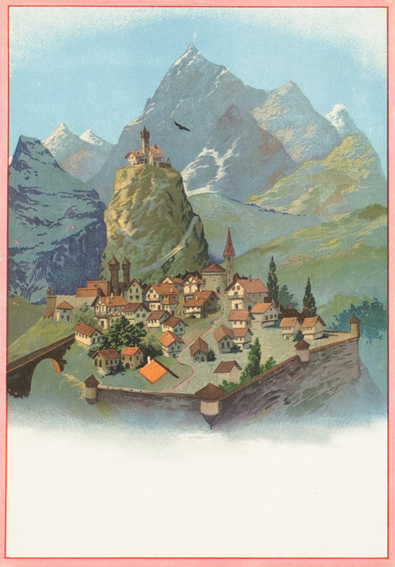 Village nestled in alps; blue, pink, pastel