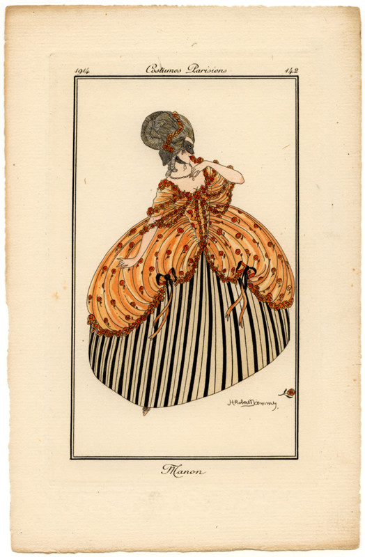 Elegant woman in flowered and striped ballgown with masquerade mask; orange, black