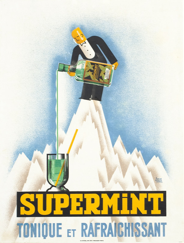 Waiter pours liqueur from top of snowy mountain; blue, green, yellow