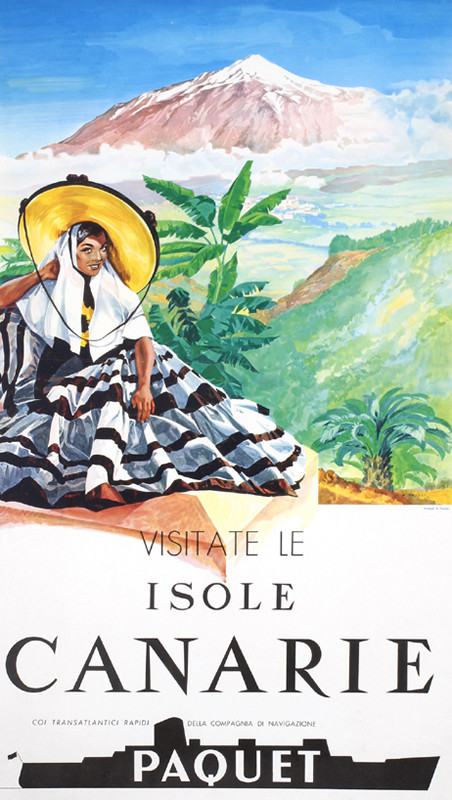 Spanish woman in long traditional skirt and sombrero; green, brown