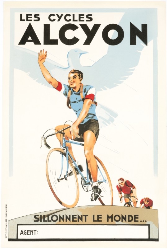 Cyclist crests hill and waves with the aid of a bird; blue, orange