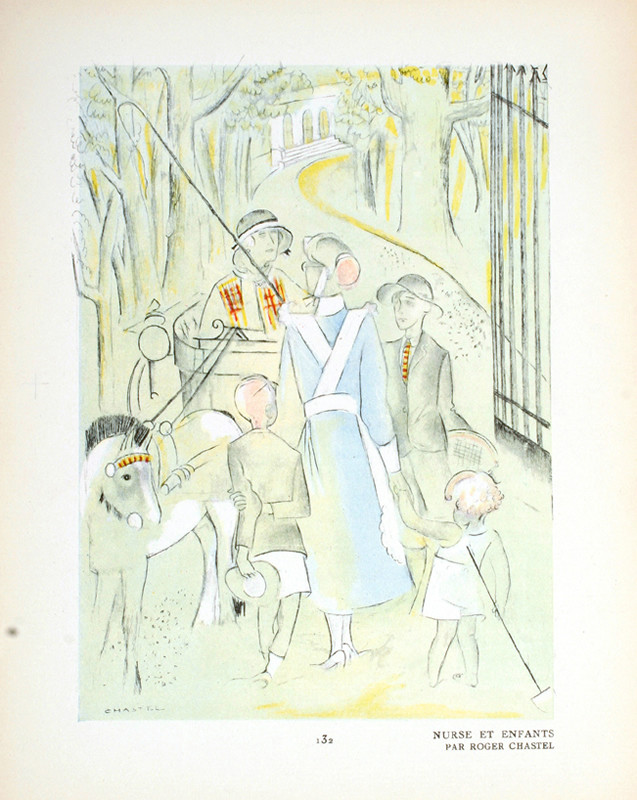 Nursemaid and children pass horse and carriage; blue, yellow, green, pastel