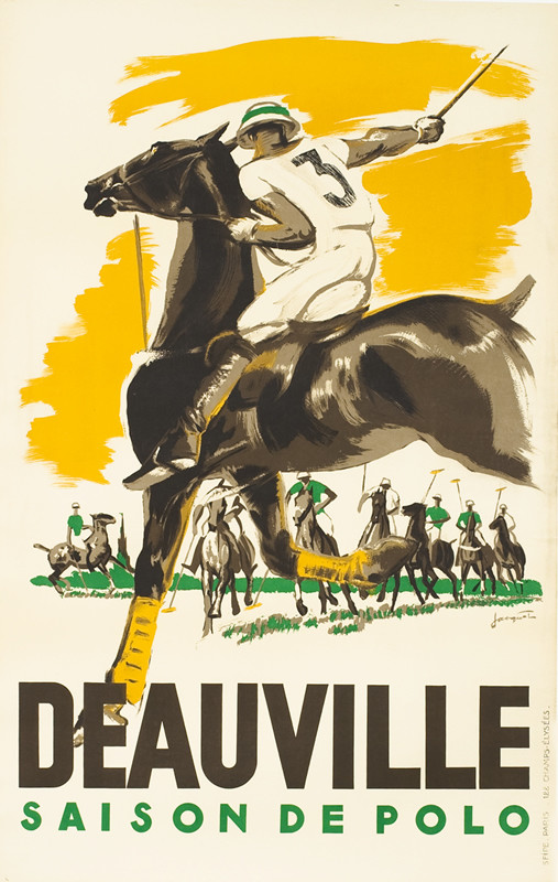 Polo player and horse, teammates in background; yellow, brown, green