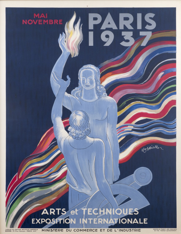 Torchbearer exchanges flame with Marianne who carries implements of architecture under her arm; blue, gray, red