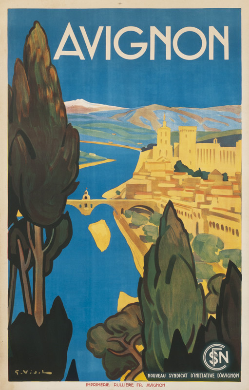 View of the city with cypresses and mountains; blue, green, yellow