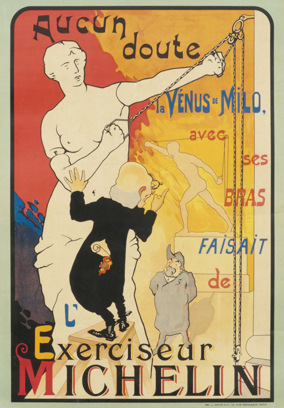 Cartoon man helps the Venus de Milo use an exercise machine; red, green, black