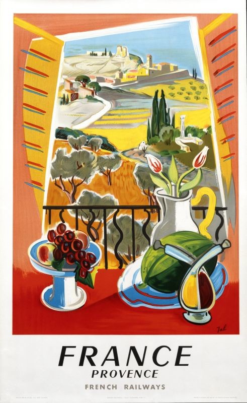still life with Provencal countryside view out window; red, yellow, green, blue