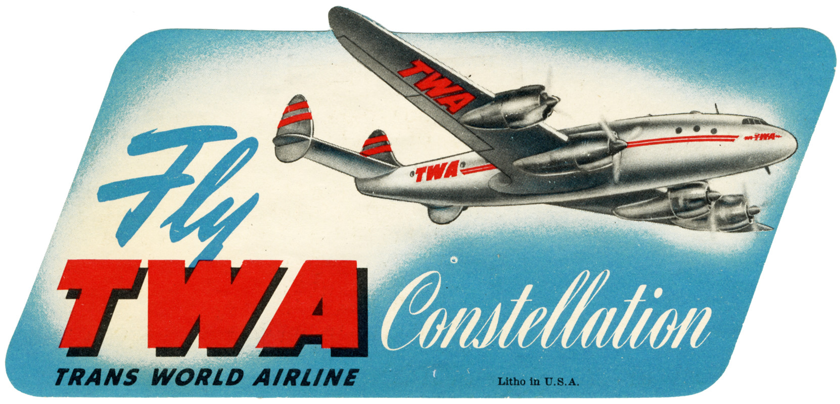 Constellation Plane flies above text; blue, red, white