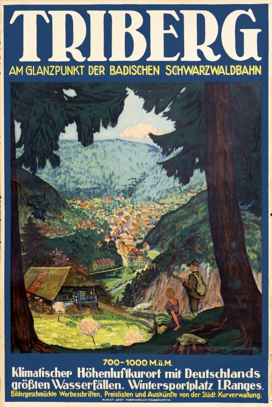 Couple overlook valley with town; blue, brown, pink, green