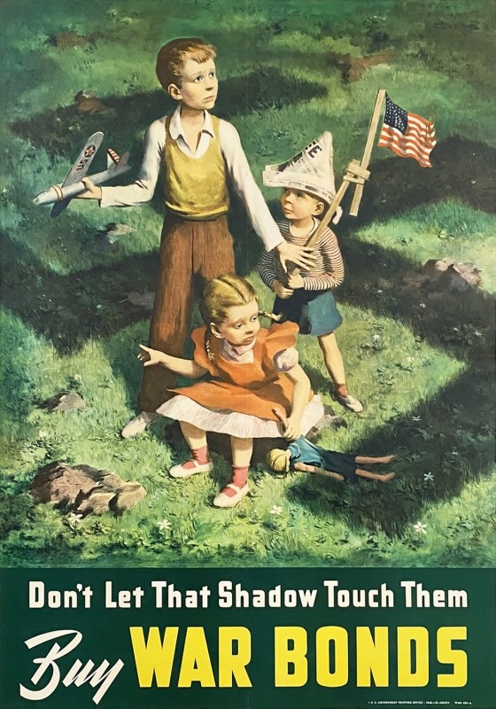 Three children play on grass on swastika shadow; green, yellow, red, brown