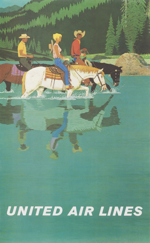 Figures on horseback ford river in mountain landscape; green, brown, blue, yellow