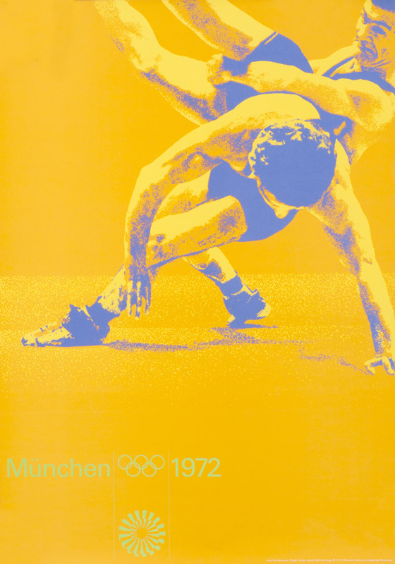 Men wrestling; orange, purple