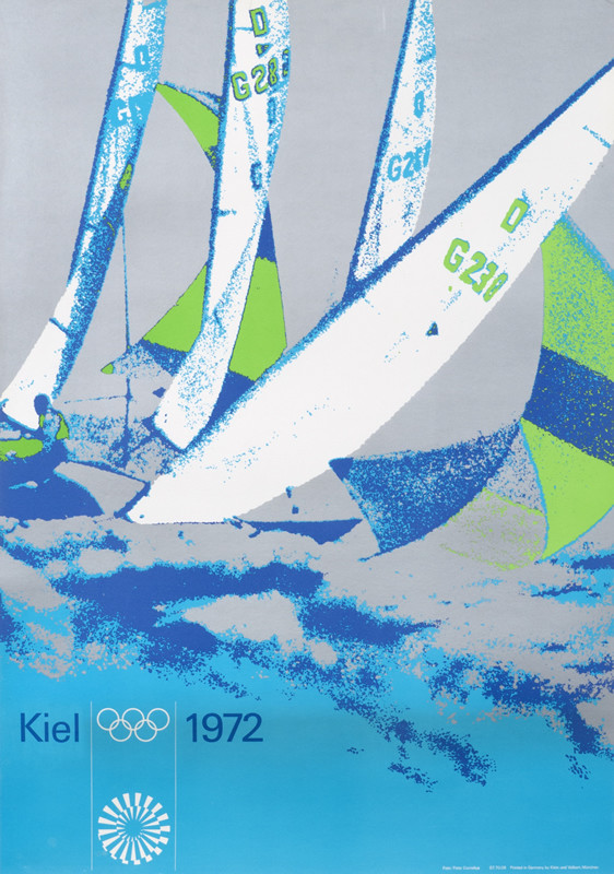 sailboats on water; blue, green, silver